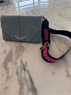 Zadig & Voltaire Light Blue Denim Crossbody with Pink Logo Strap